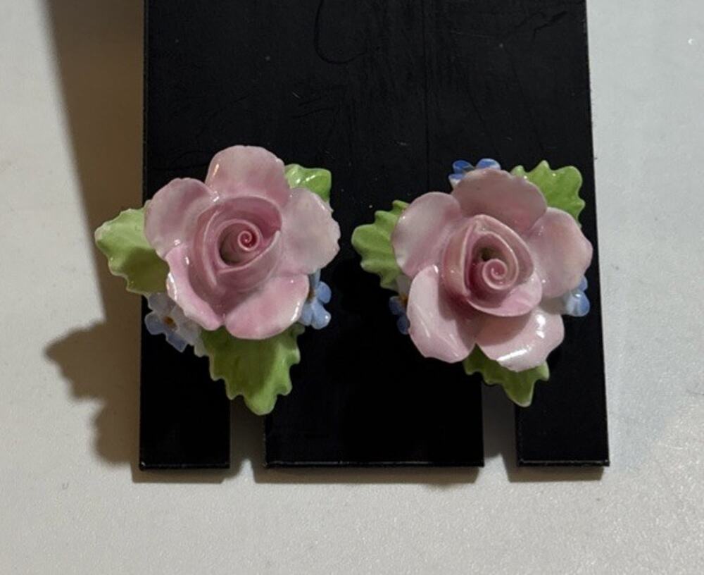 Vintage Denton England Pink Rose Bone China Floral Screw Back Earrings Signed